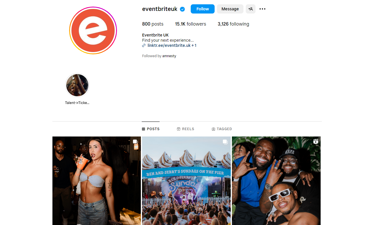 Screenshot of Eventbrite's Instagram page