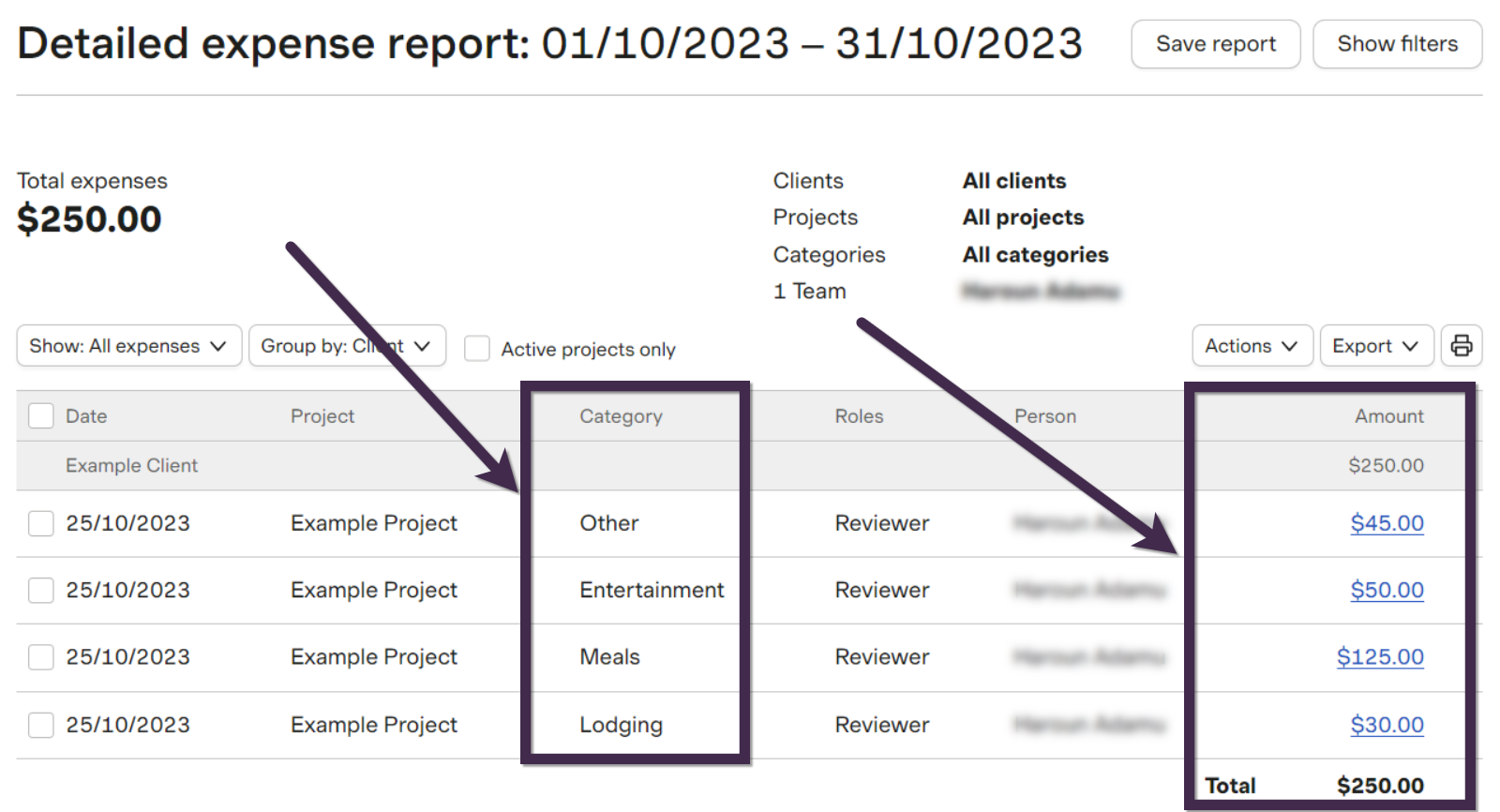 Harvest expense reports